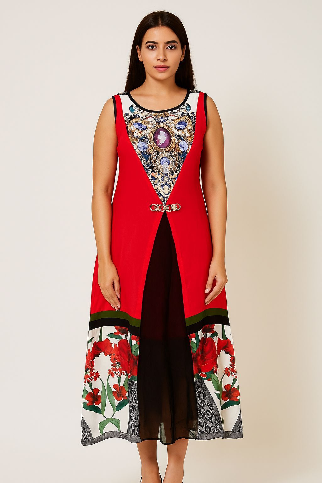 Shree Shanti Selection - Red Printed Overlay Kurti